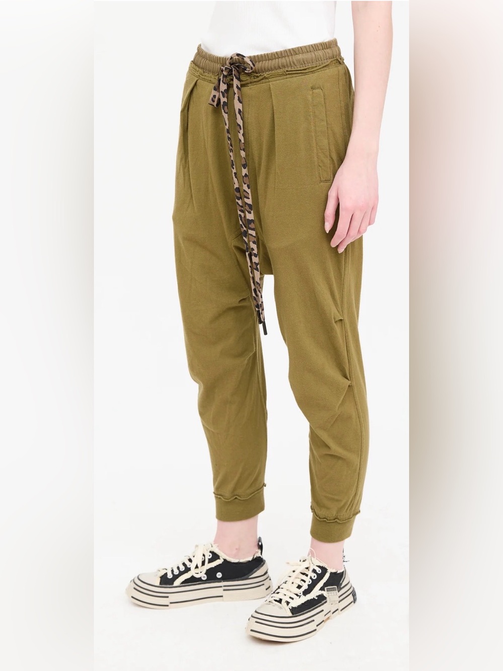 R13 Harem Sweatpant Small Olive Drop Crotch Cropped Leopard Drawstring Cotton